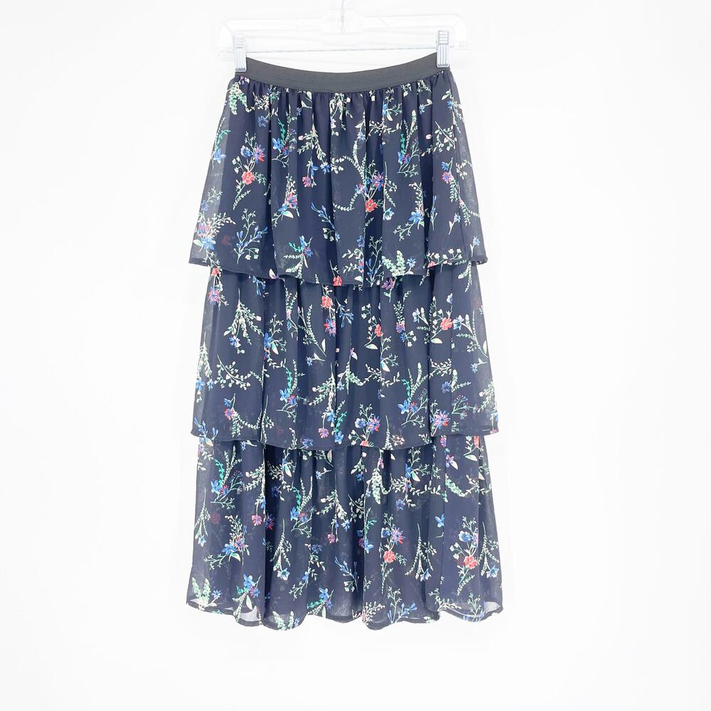 Lush Navy Blue Floral Tiered Midi Skirt Size Small